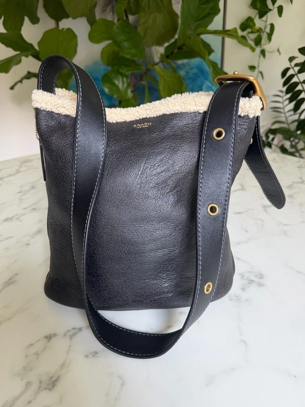 Coach Bleecker Bucket Bag In Shearling Brass Black Natural Leather CCC28